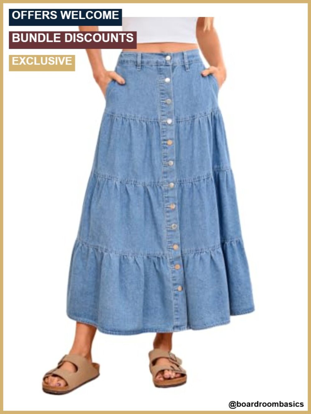Women's Denim Maxi Skirt Tiered Flowy Long Jean Skirt with Pockets